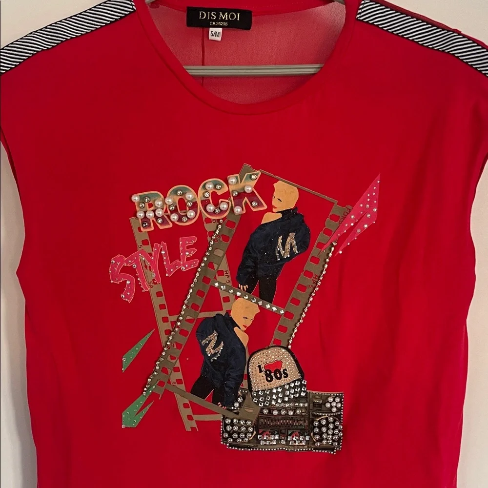 Vintage Rock Style Sleeveless Red Shirt Sheer back. Sequins & Rhinestones - Picture 1 of 17